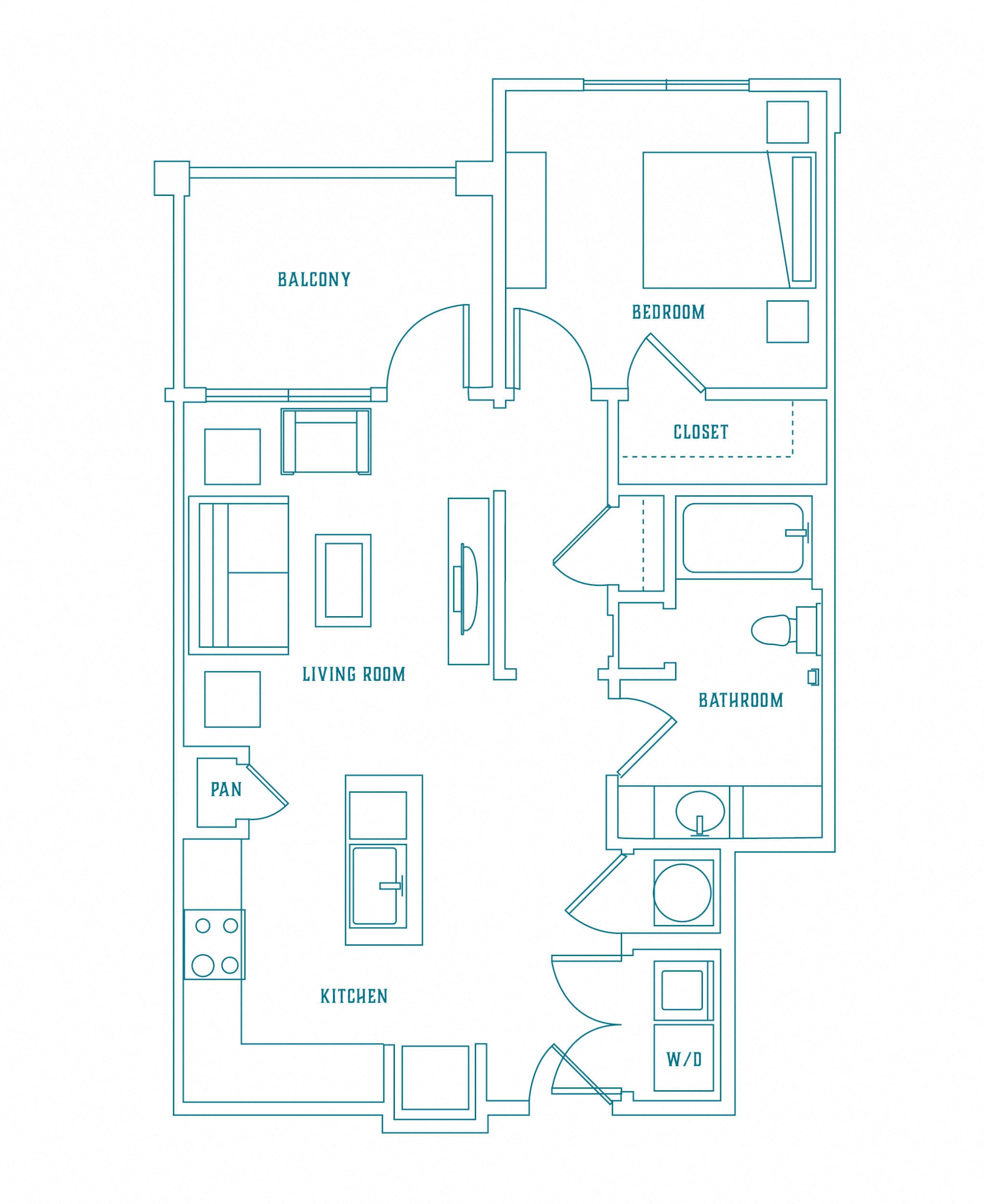 Floor plan for 1 bed, 1 bath, 828 sqft
